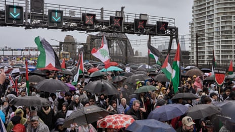 View from train shows scale of Sydney Harbour Bridge protest – video