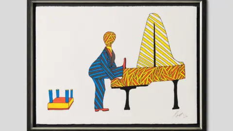 Image courtesy of Castle Fine Art The picture shows a stylised piano with loads of striped lines in orange and yellow. A stylised performer in a stripy blue suit has one leg on the keyboard. Behind him sits an upturned stool.