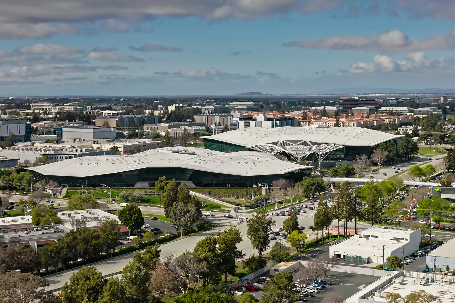 View over two modern low buildings