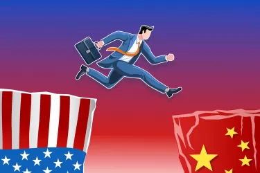 Drawing of a business man leaping from the US flag to the Chinese flag