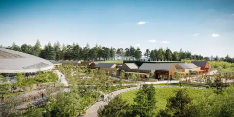 Center Parcs A digital image of several wooden buildings surrounded by lawns and paving