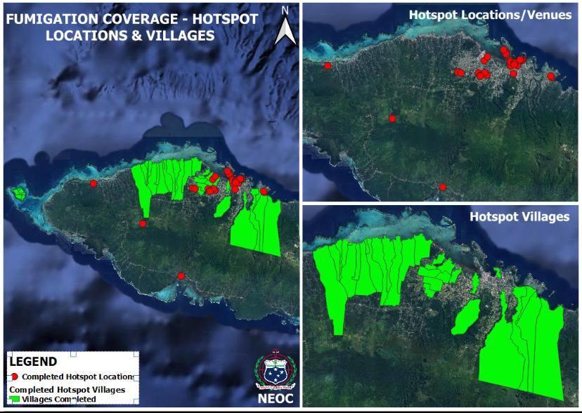 Three maps of the Samoan island of Upolu, showing dengue fever hotspots and planned fumigation.