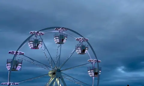 Elena Reid Top half of a lit up Ferris wheel against a dark grey cloudy sky
