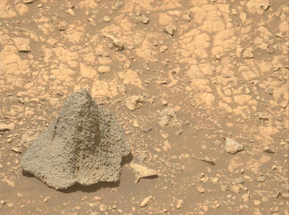 Nasa's Mars Perseverance rover acquired this image of a witch hat or helmet-shaped rock 'Horneflya' (NASA/JPL-Caltech/ASU)