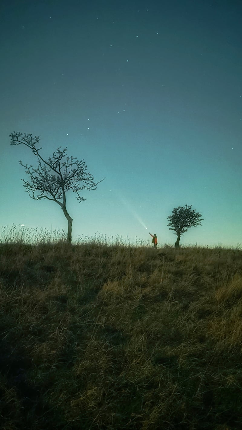 Winning image, Night Sky in Your Hand: Comet Catcher, by Anthony Lynch, Dublin. 'Myself standing under a tree in Phoenix Park, reaching out to comet 12P Ponns Brooks when it was low on the horizon in twilight'