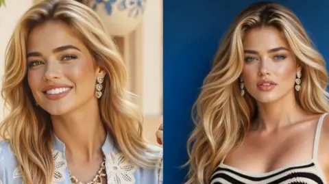 Seraphinne Vallora The AI model has long blonde hair with dark eyebrows and heart earrings. Two images have been put side by side – one of the model in a blue shirt and the other of the model in a white and black strappy top.