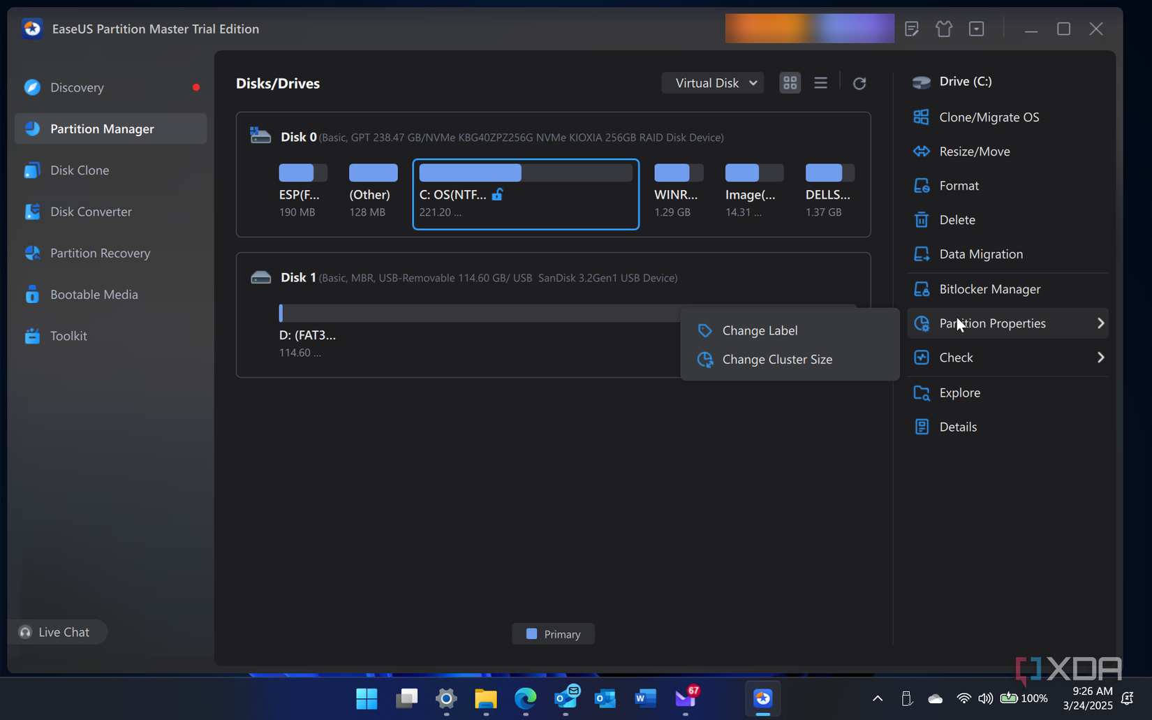 screenshot showing EaseUS Partition Manager Free running on Windows 11