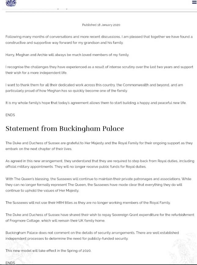 Buckingham Palace statement on Harry and Meghans HRH titles issued in 2020