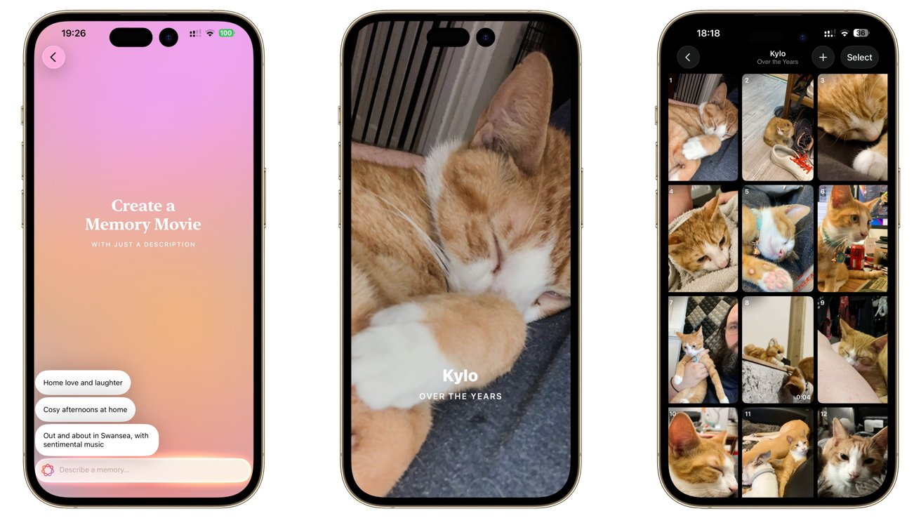 Three smartphones displayed: first reads 'Create a Memory Movie'; second shows an orange and white cat sleeping; third features a photo gallery of the same cat.