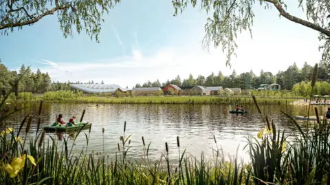 Center Parcs A large pond with bullrushes in the foreground and a green pedalo with two people in the water