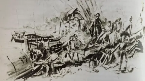 Jack Chalker A black and white painted interpretation of emaciated men sitting and standing with a river and boats depicted on the left.