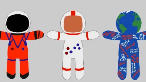 Freelancer A graphic of three plushy toy humanoids joined up in a row. The one on the left has a white helmet, black face and is wearing a red, blue and black outfit. The one in the middle has a white outfit with a brown face, while there are also blue and brown dots in the middle. The one on the right is blue and green - like a map of the world - with red and white writing on it.