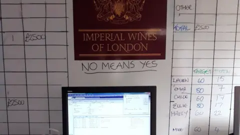 Hertfordshire County Council A whiteboard with the words "imperial wines of London" printed on a white board with the words written "no means yes" written underneath and underlined