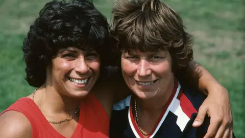 Getty Images Margaret Whitbread, Great Britain national javelin coach with Fatima Whitbread during training in 1977 at Crystal Palace, London. 