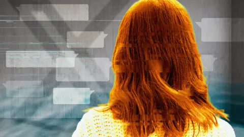 BBC Woman with long hair, show the back of her head. She is surrounded by empty online message boxes, in the background is the X logo.