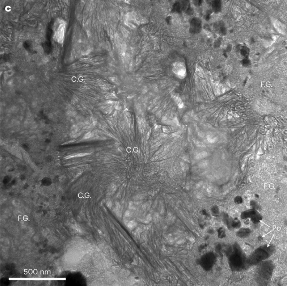 This is an electron microscope image of a Bennu sample. It shows both coarse-grained (CG) and fine-grained (FG) hydrated sheet silicates that formed in the presence of water. The water came from ice in Bennu that was melted by remnant heat or heat from collisions. Image Credit: Zega et al. 2025. NatGeo