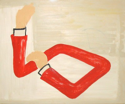 A painting of two bodiless arms making an obscene hand gesture.