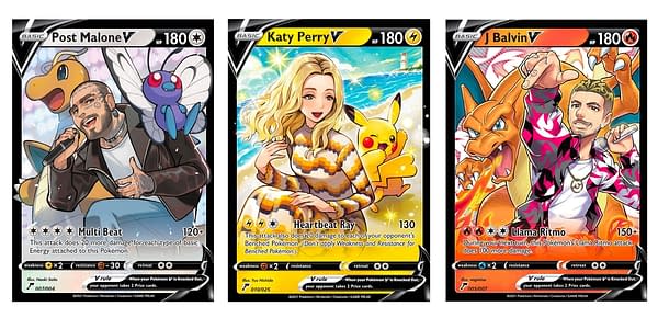 Unreleased Post Malone V, Katy Perry V, J. Balvin V cards. Credit: Pokémon TCG