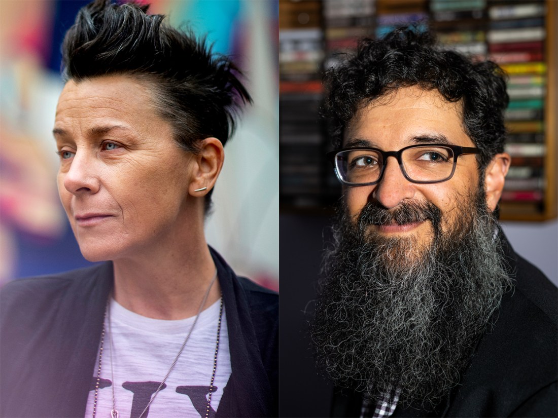Portrait of Melissa Ferrick (left) and Andrew Mall (right).
