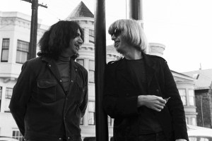 Jerry Garcia and Phil Lesh of the Grateful Dead talk under the street signs on the corner of Ashbury and Haight streets in San Francisco. | Location: corner of Haight and Ashbury streets, San Francisco, California, USA.  (Photo by © Ted Streshinsky/CORBIS/Corbis via Getty Images)