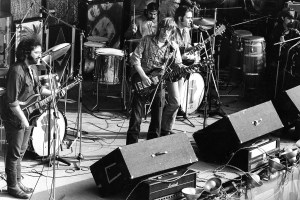 (L-R)  Jerry Garcia, Mickey Hart, Phil Lesh, Bob Weir and Ron Pigpen McKernanat of the Grateful Dead perform on stage at the Hollywood Music Festival on 24th May 1970 in Leycett near Newcastle-Under-Lyme, United Kingdom. (Photo by Gijsbert Hanekroot/Redferns)