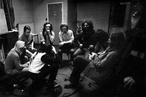 Group portrait of The Grateful Dead, backstage in the dressing room at the Tivoli Concert Hall in April 1972 in Copenhagen, Denmark. (Photo by Gijsbert Hanekroot/Redferns)