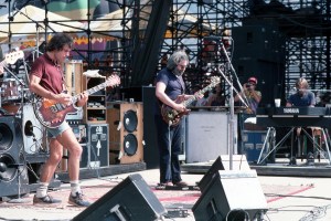 Guitarists Jerry Garcia and Bob Weir play with the Grateful Dead in concert.   (Photo by Lynn Goldsmith/Corbis/VCG via Getty Images)