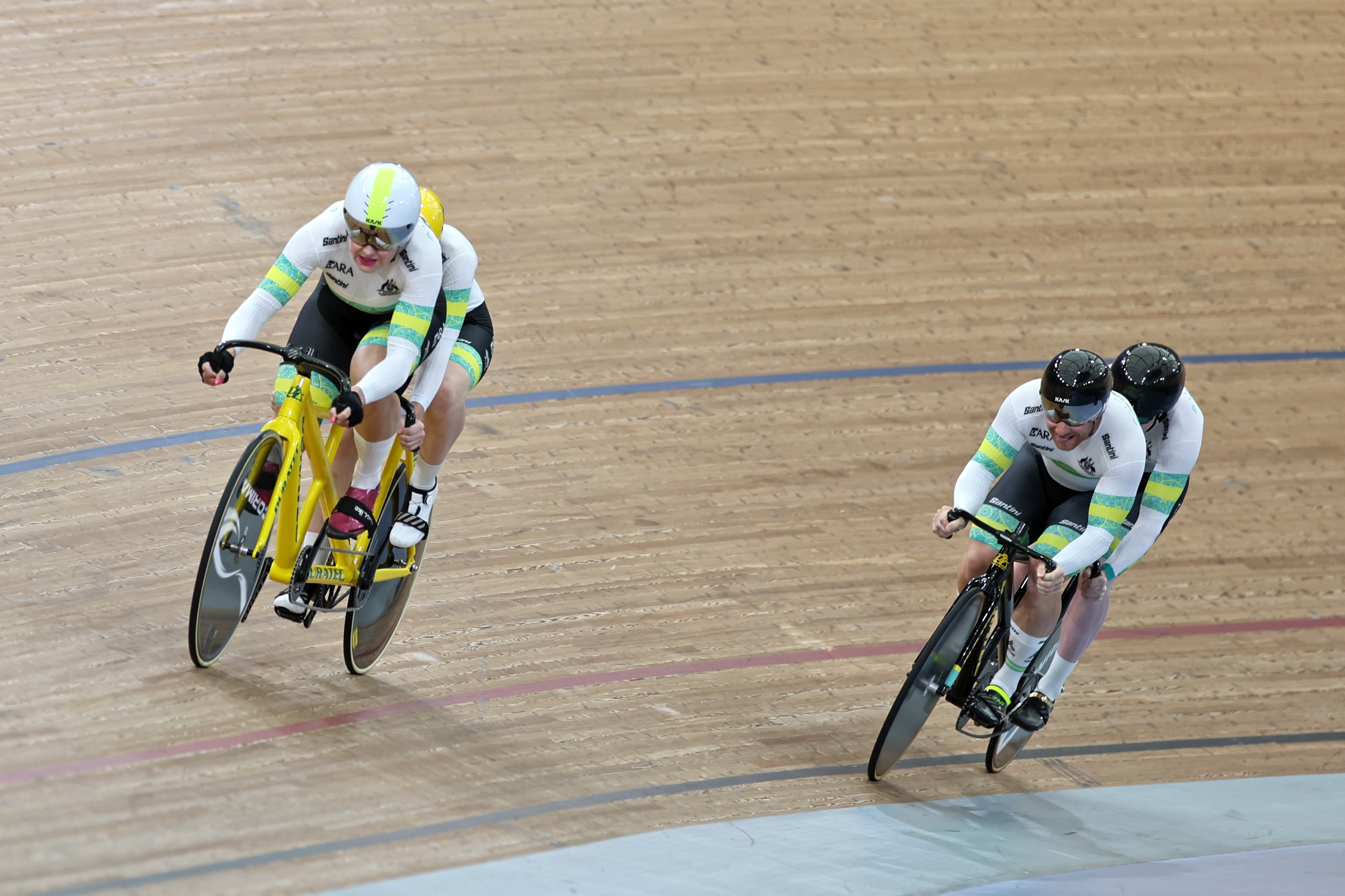Jacqui Mengler-Mohr and Jess Gallagher, and Luke Zaccaria and Kane Perris racing in the mixed tandem team sprint at the 2025 Oceania Track Cycling Championships in Brisbane. Picture: Mat Gilfedder