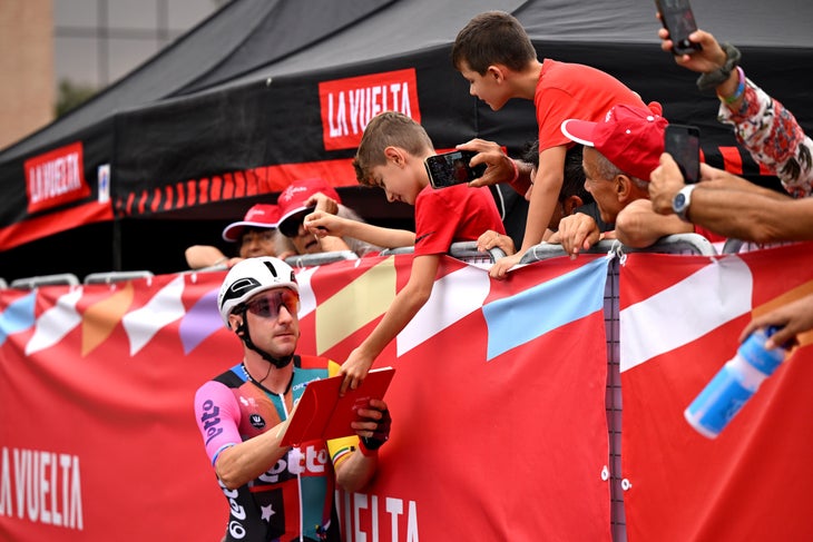 ALBA, ITALY - AUGUST 24: Elia Viviani of Italy and Team Lotto prior to the La Vuelta - 80th Tour of Spain 2025, Stage 2 a 159.5km stage from Alba to Limone Piemonte 1389m / #UCIWT / on August 24, 2025 in Alba, Italy. (Photo by Dario Belingheri/Getty Images)