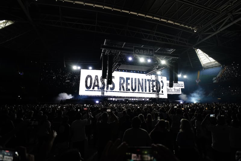 Oasis on stage at the Principality Stadium, Cardiff, as the band's long-awaited reunion tour kicks off in Wales. Photograph: Jordan Pettitt/PA		