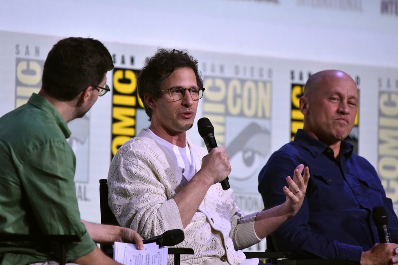 Josh Horowitz, from left, Andy Samberg, and Mike Judge