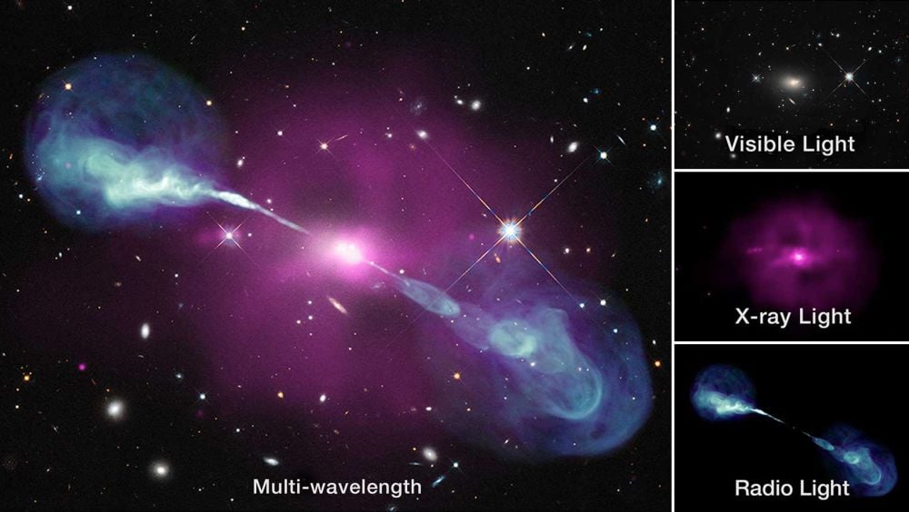 These are images of Hercules A, an AGN over two billion light-years away. It emits light across the electromagnetic spectrum, especially in x-rays. Image Credit: X-ray: NASA/CXC/SAO; visual: NASA/STScI; radio: NSF/NRAO/VLA.