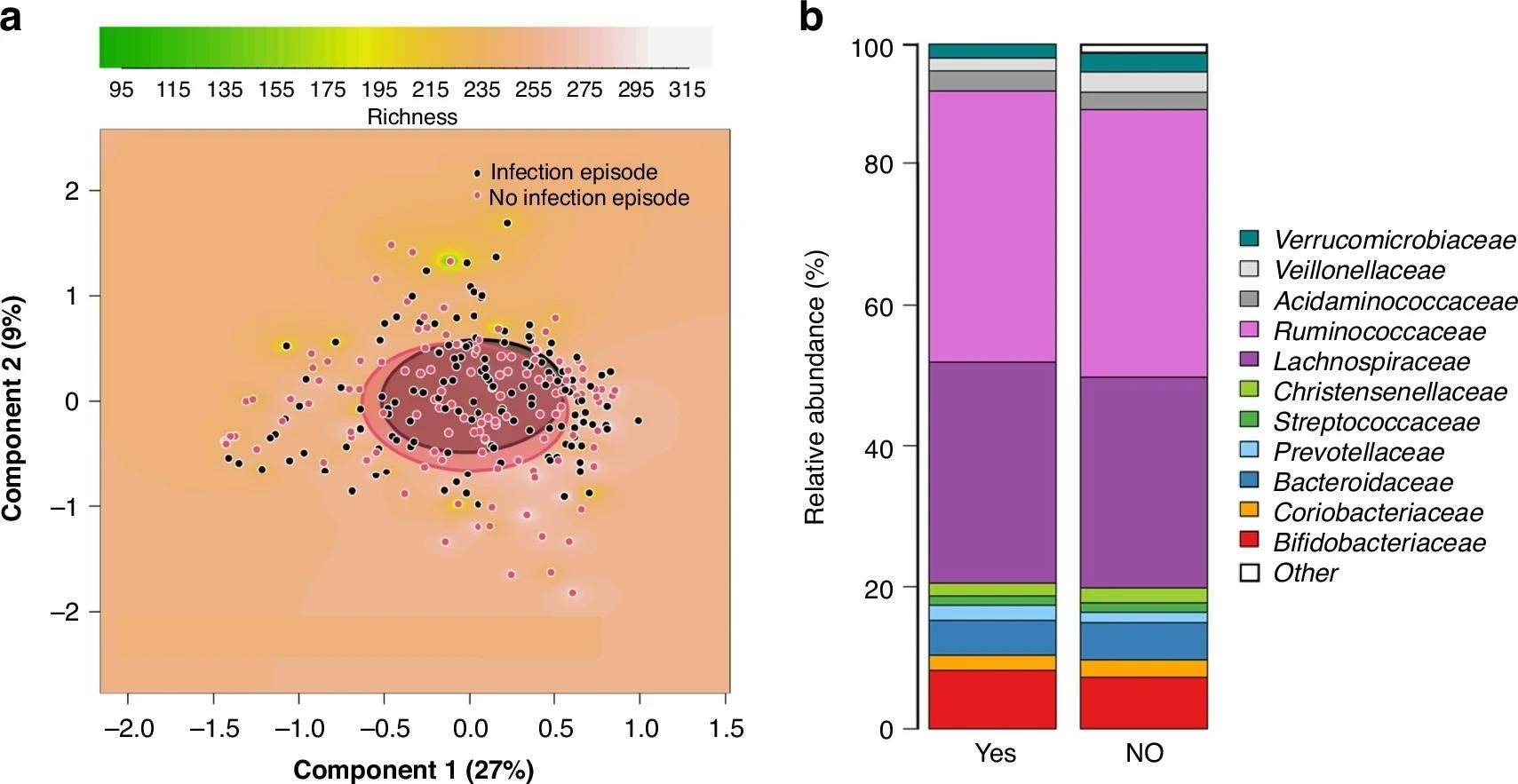Comparison between mothers of infants who developed a respiratory tract infection episode (RTI) in the first 6 months of life and mothers of randomly selected infants with no such infection episode. PCoA plots based on Bray-Curtis dissimilarities of the samples, showing the richness of the microbiota as background (a). Clusters are shown by circles, which were drawn based on the standard deviations of the data points in each category of the samples (a). The comparisons are between mothers of infants who developed an RTI in the first 6 months of life and mothers of infants remaining healthy (p = 0.39). Clustered stacked column graphs demonstrate microbiota differences at the family level (b). The comparisons are between mothers of infants who developed an RTI in the first 6 months of life (YES) and mothers of infants remaining healthy (NO).