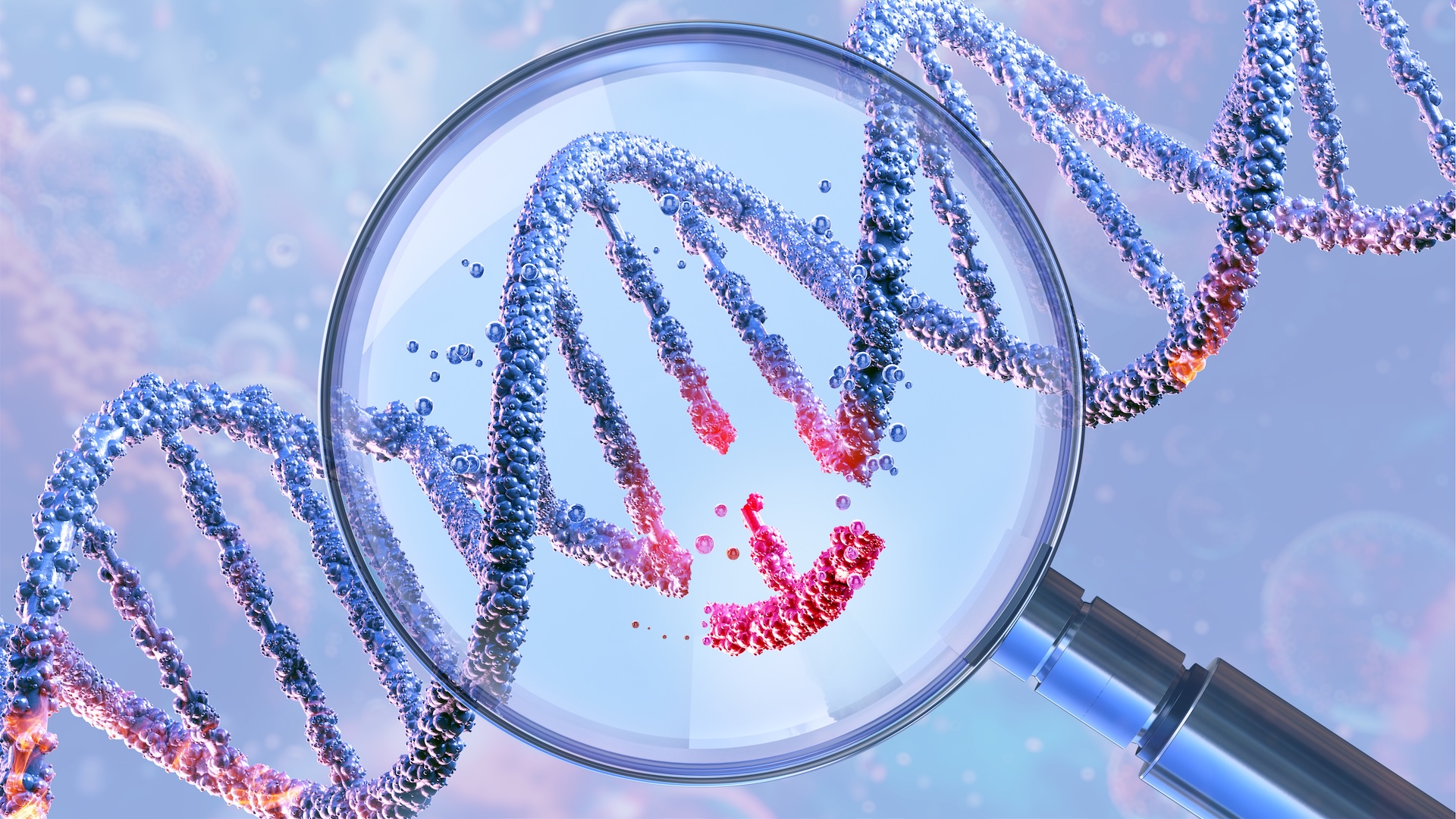 an illustration of a DNA double helix under a magnifying glass