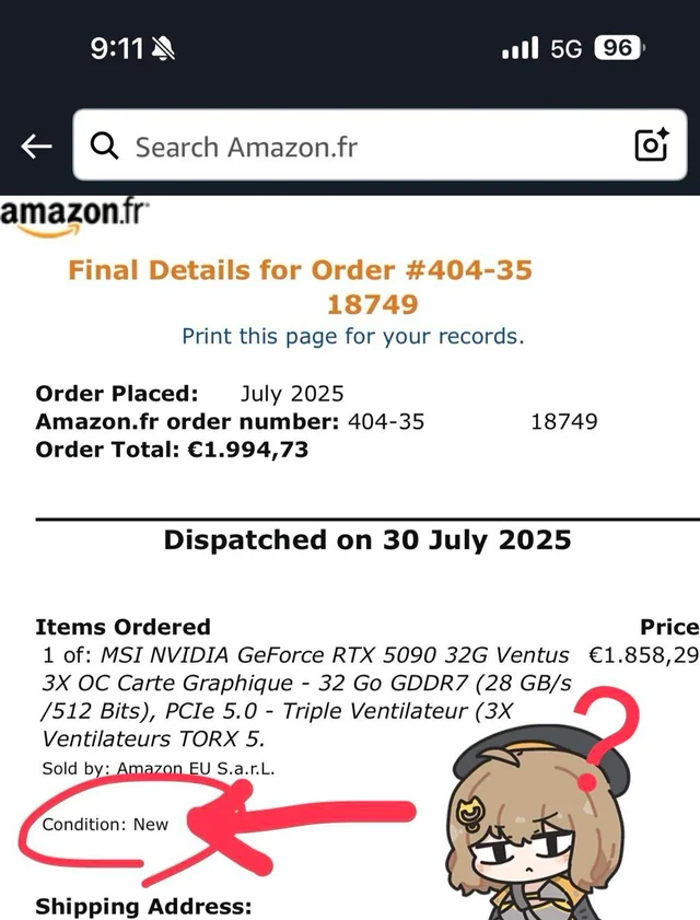 Order summary: MSI NVIDIA RTX 5090 graphics card, €1,994.73, dispatched July 2025.