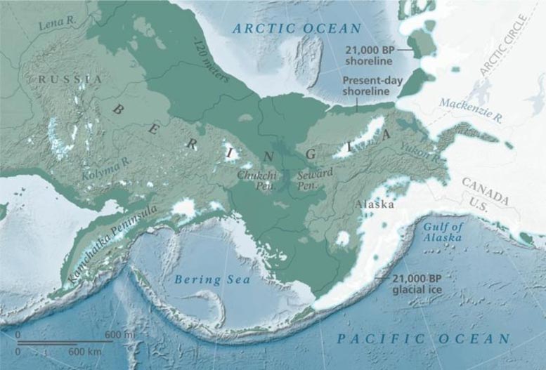 Map of a Land Bridge Connecting Modern Day Russia to Alaska