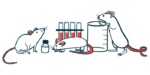 Illustration of mice, beakers, and test tubes.