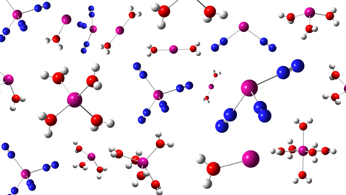 Three rows of ball-and-stick models show different bonding arrangements of nobelium.