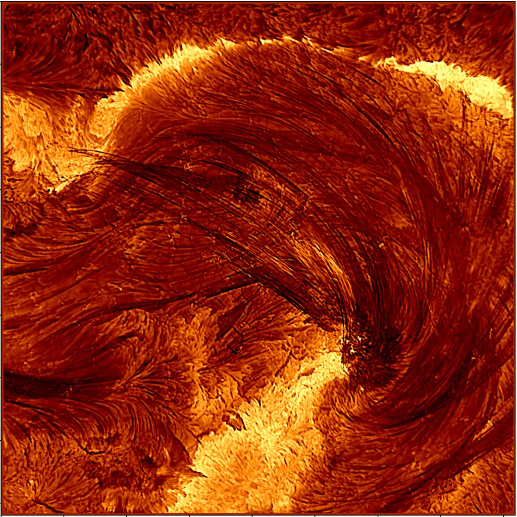 A high resolution image of the flare from the Inouye Solar Telescope, taken on August 8, 2024, at 20:12 UT. The image is about 4 Earth diameters on each side. (Credit : NSF/NSO/AURA)