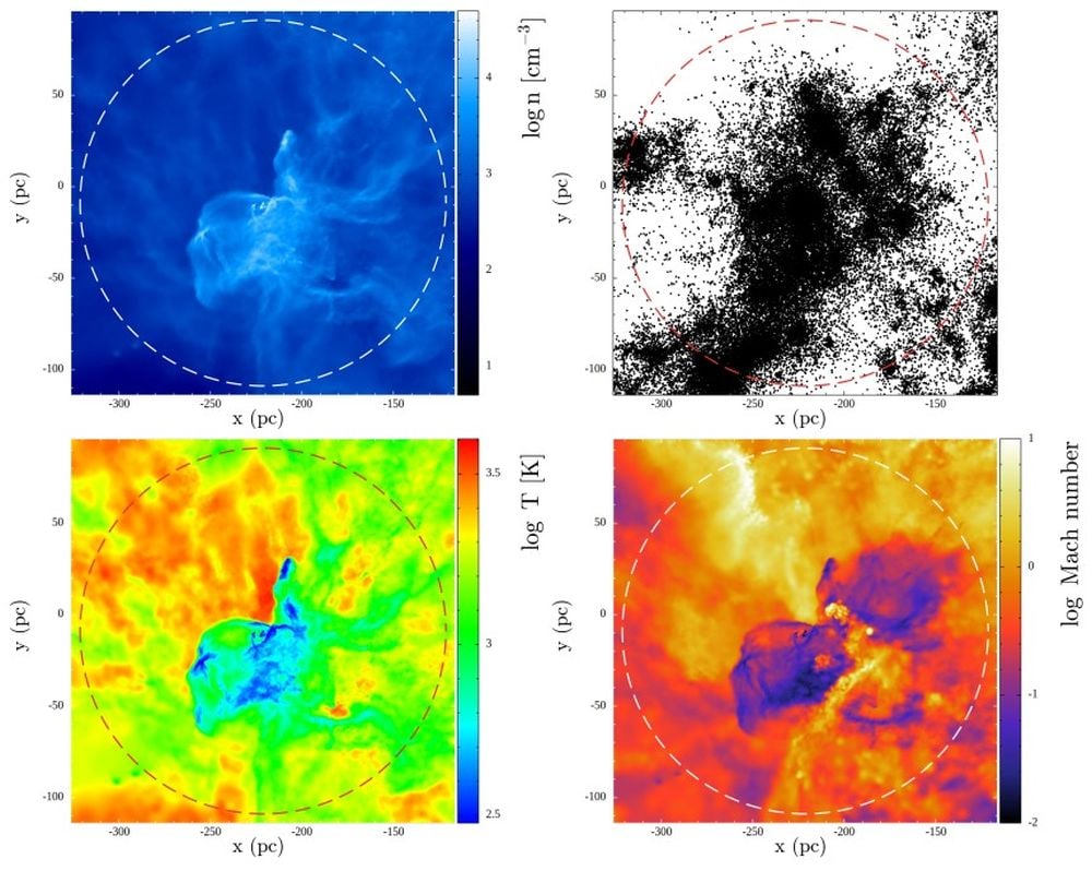 These panels show the physical properties of a primordial DM mini halo. They show the gas density, dark matter distribution, gas temperature, and mach number at the end of the simulation. The dashed circle shows the inner 100 parsecs of the simulation. The gas in the central high density region is cooling, allowing stars to form. Image Credit: ASIAA/Meng-Yuan Ho & Pei-Cheng Tung