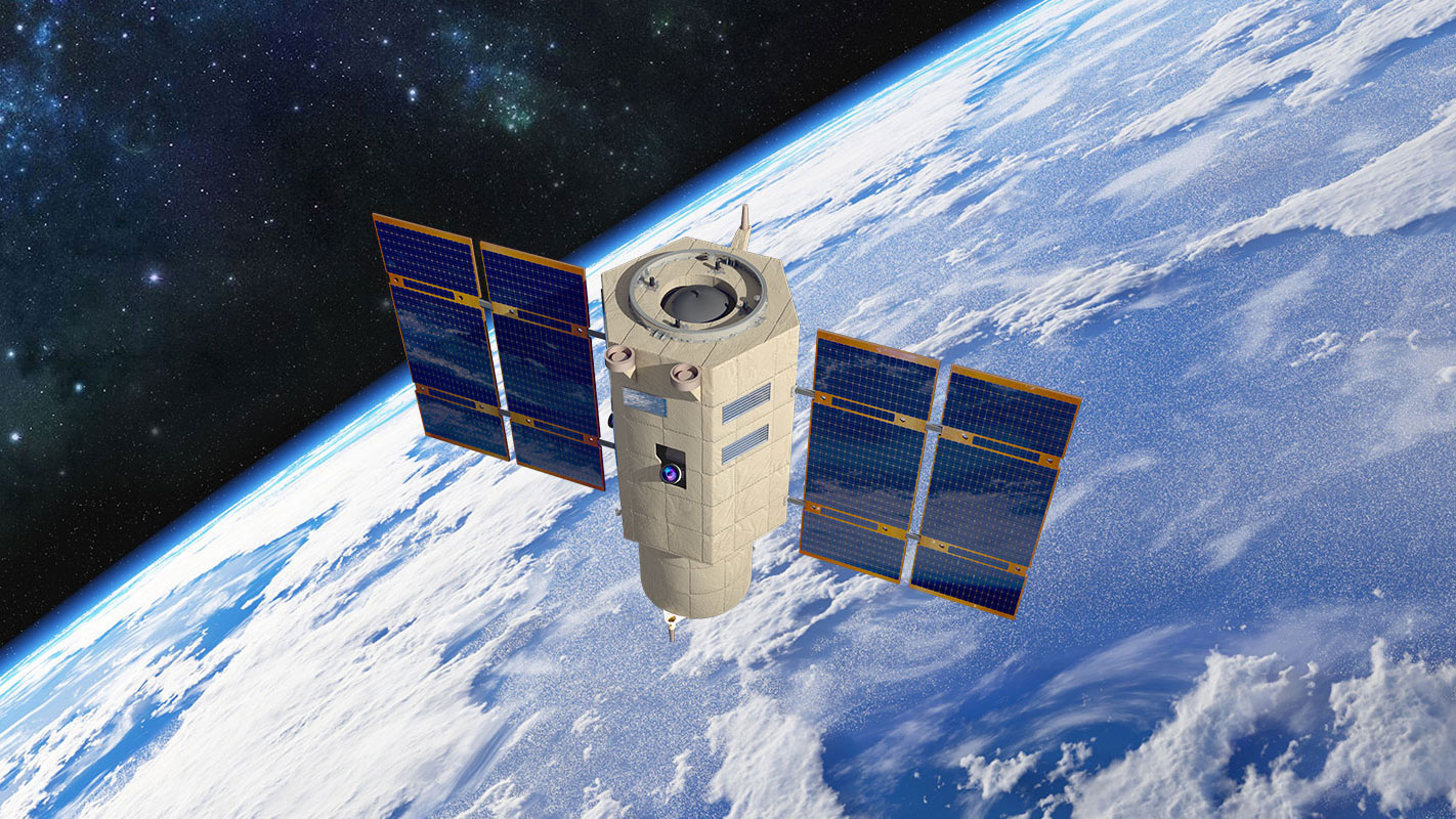 an artist's rendering of a white cylindrical satellite with blue and gold solar wings in Earth orbit