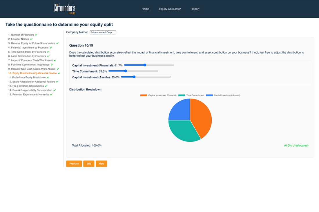 A screenshot of a digital questionnaire results page showing Question 10/15 with equity investment parameters and sliders for 'Capital Investment (Founder)' and 'Capital Investment (Company)'. Below is a large pie chart with segments in orange, blue, and green. 