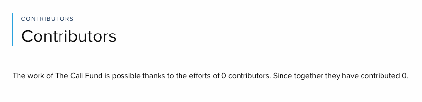 The contribution page on the Cali Fund website saying: "The work of the The Cali Fund is possible thanks to the efforts of 0 contributors. Since together they have contributed 0.