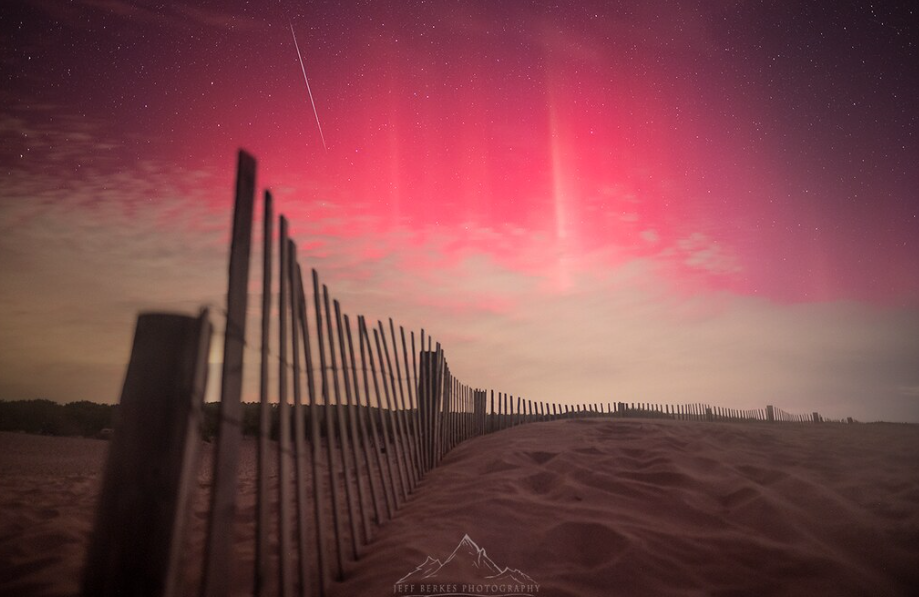 A Perseid meteor pierces the scene, during a northern lights display on the night of August 12th, 2024. Imaged from Assateague Island National Seashore, Maryland. Credit: Jeff Berkes. (instagram/flickr)