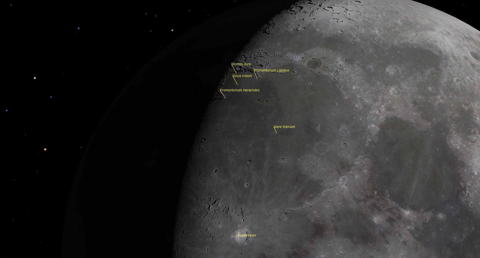A close up of the moon in space, with several craters and landmarks labeled