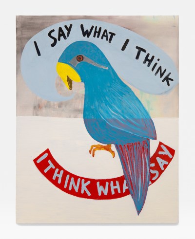 A painting of a parrot with the words 'I SAY WHAT I THINK I THINK WHAT I SAY.'