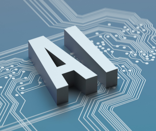 Blue field with three dimensional letters that say: AI
