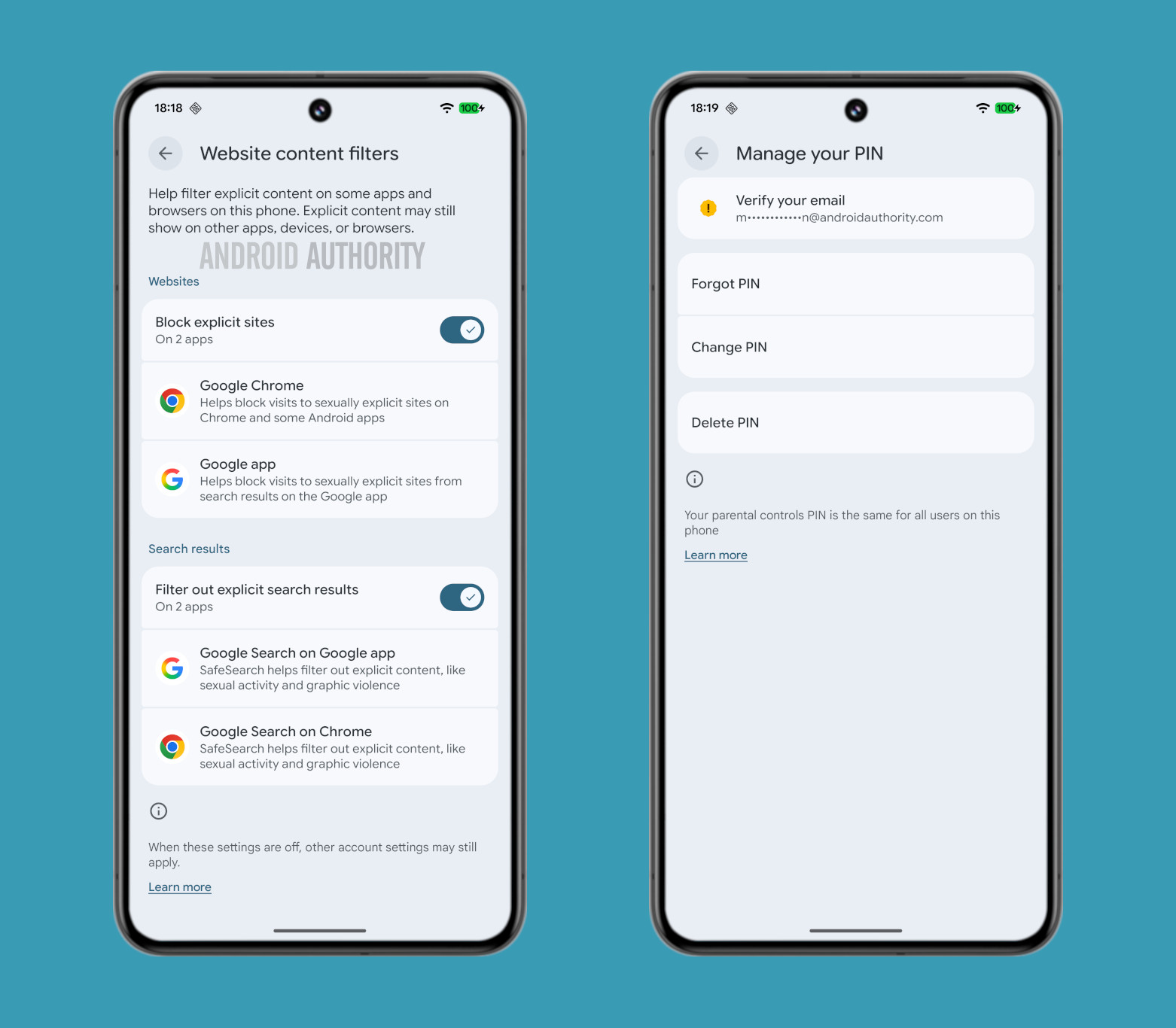 Website content filters and PIN management settings for parental controls in Android 16 QPR2