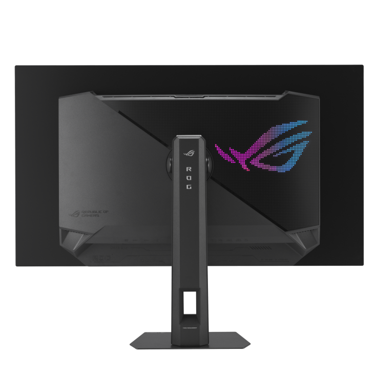 Rear view of a gaming monitor with RGB logo and sleek design. Perfect for gamers and tech enthusiasts.