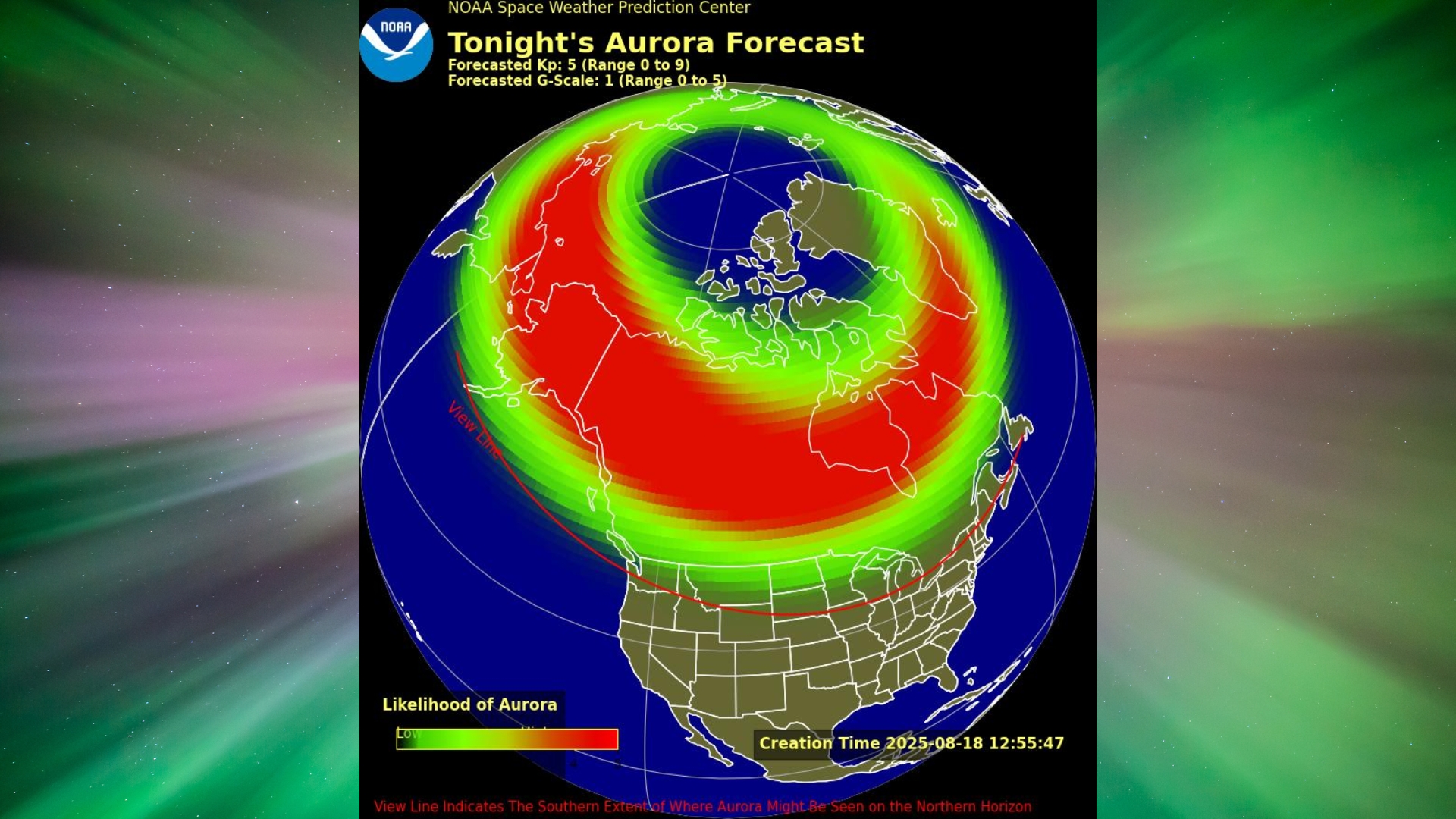 graphic showing the aurora viewline map for tonight and the 15 us states appearing above the line either fully or partially. in the background is an aurora corona - where the aurora appears to reach straight down from above with curtains of green and purple light.